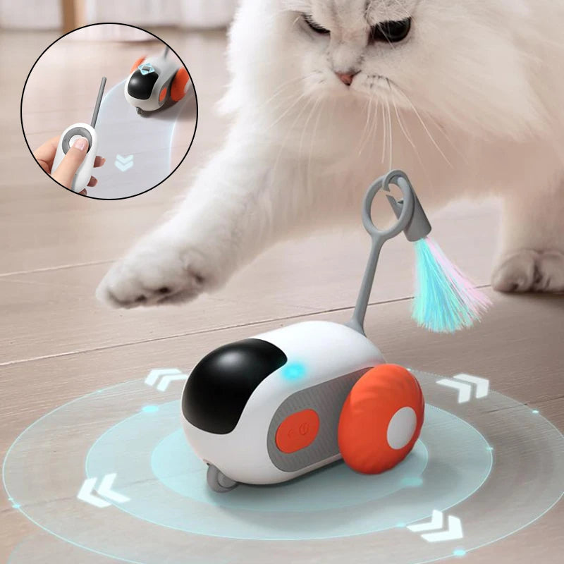 Gato jugando con un juguete interactivo automático